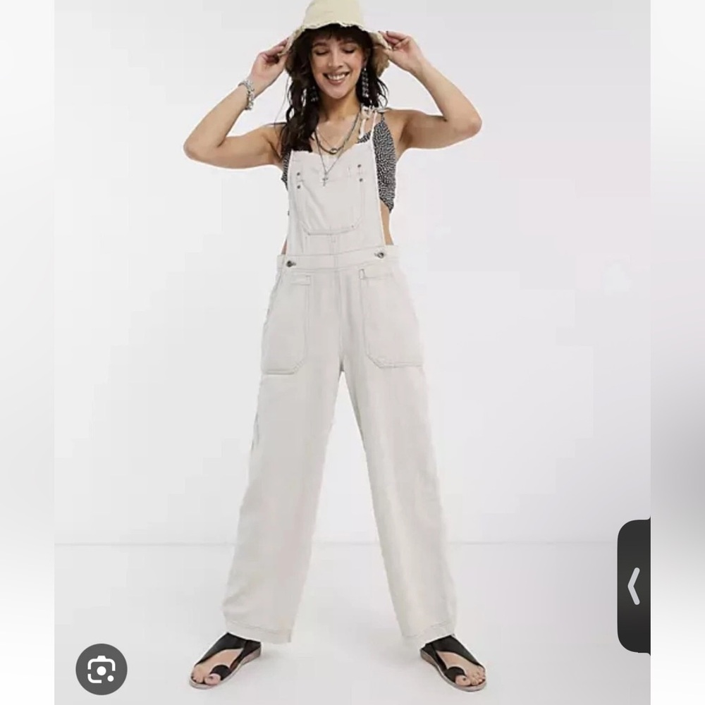 Free People Natural Sights Linen Wide Leg Overalls Pants Cream-natural Size S